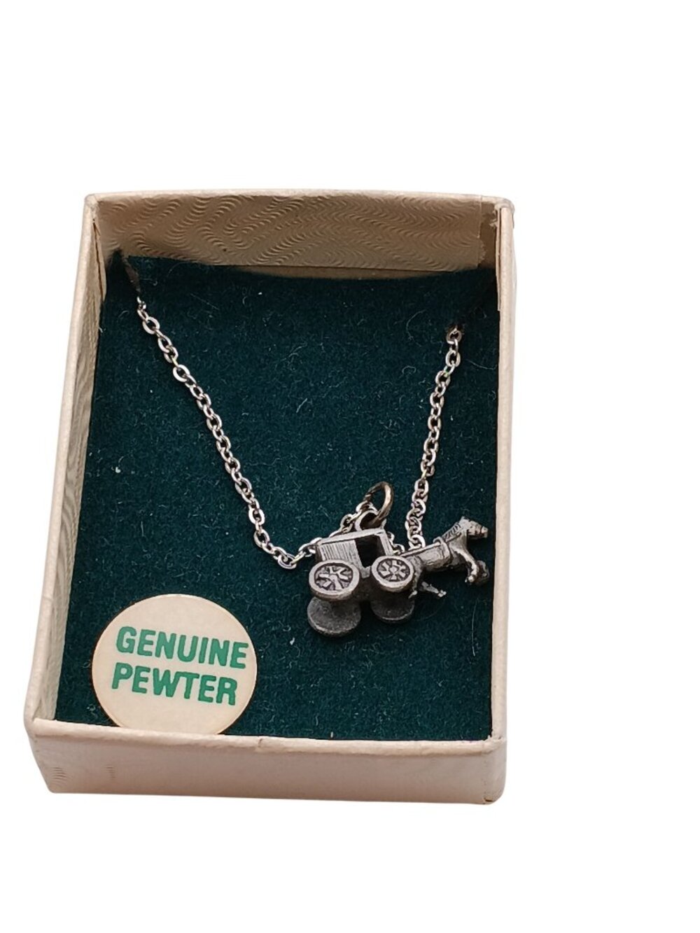 Vintage Genuine Pewter Horse & Carriage Pendant Necklace With Chain In Original